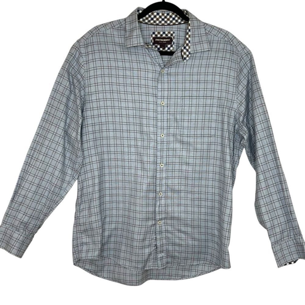 Johnston & Murphy Men's Button Down Shirt Large Blue Brown Plaid Long Sleeve